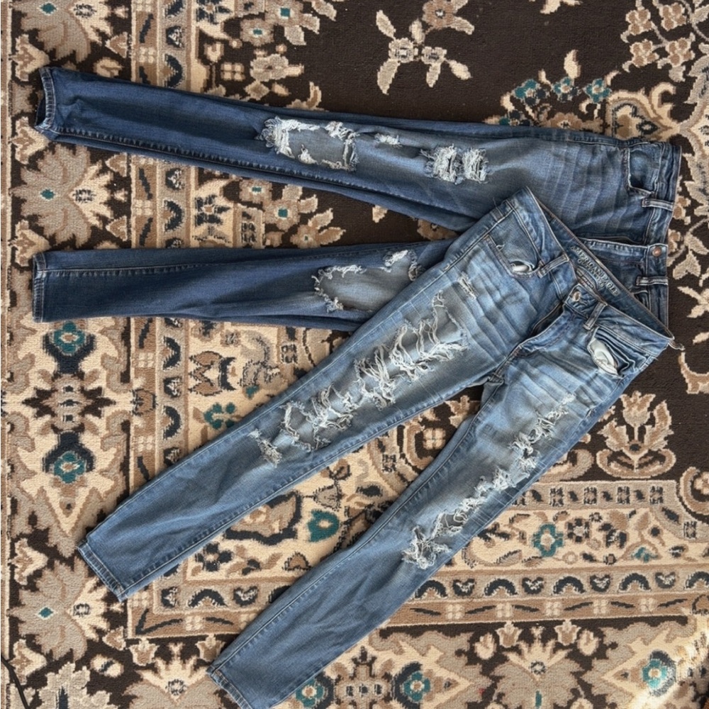 American Eagle Outfitters Dark and Light Blue Distressed Skinny Jeans